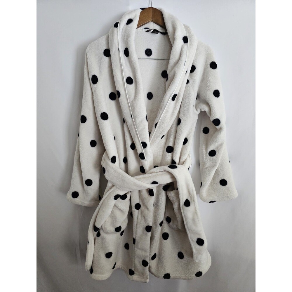 Victorias Secret robe polka dot plush fleece white black Womens XS S belt flaws - Picture 1 of 8